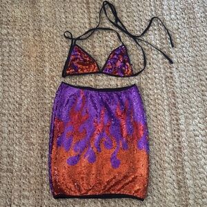 Go Guy made in UK Sequin Flame Bikini Top and high waisted Skirt Set